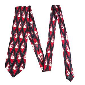 Holidays Silk Christmas Tie Men Snowman Red Black Diamond Print Handmade Retro